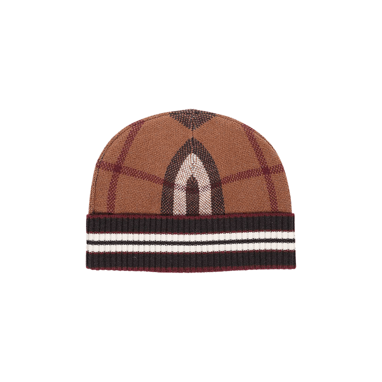 Burberry Check And Stripe Cashmere Beanie 'Dark Birch Brown'