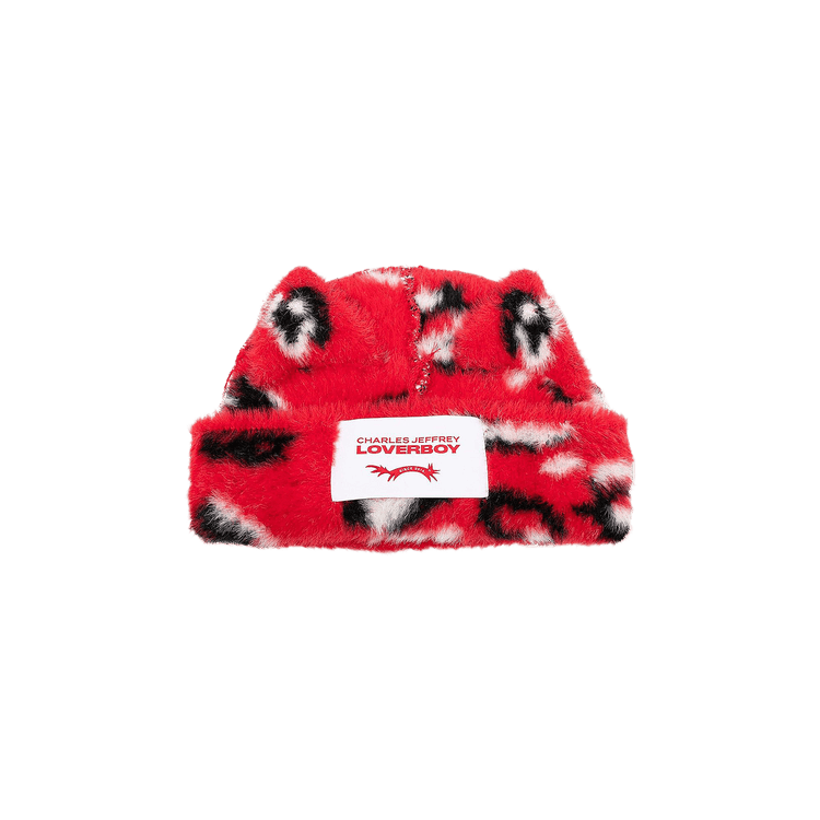 Charles Jeffrey Loverboy Fluffy Chunky Ears Beanie 'Red Leopard'