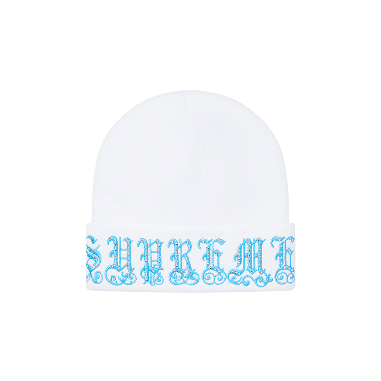 Supreme Old English Rhinestone Beanie 'White'