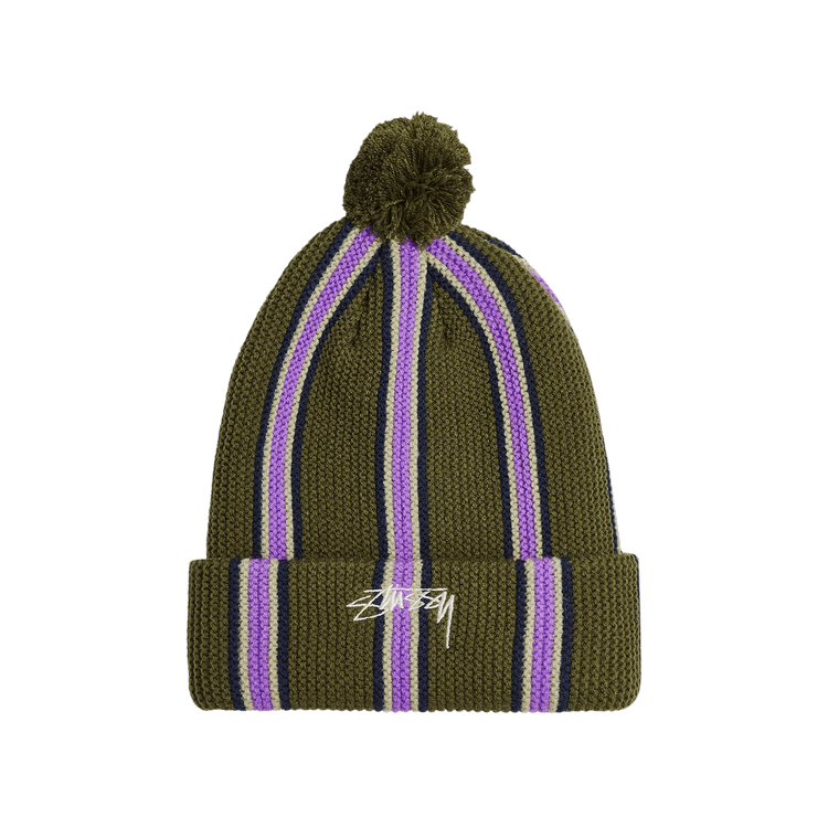 Stussy Striped Pom Beanie 'Olive'